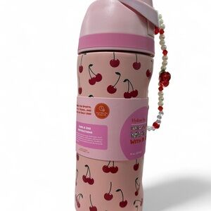 Cherry Pattern Water Bottle, Push-Button Lid w/ Handle & Beaded Charm 16oz